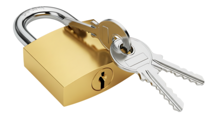 Brass padlock with two keys isolated on transparent background