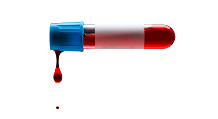 Blood sample collection tube with droplet isolated on transparent background