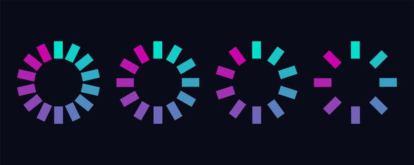 Set of various vibrant gradient ring loading in neon colors. Circle Load icons. Download process. Perfect for web interface, mobile app, UI design, infographic visual, 
