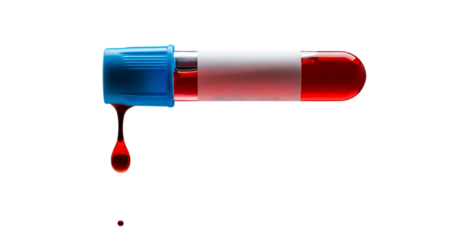 Blood sample collection tube with droplet isolated on transparent background