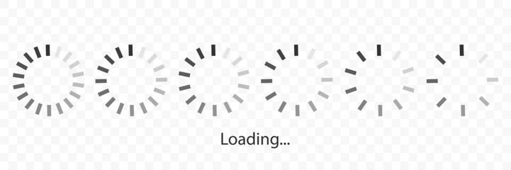 loading buffering symbol set isolated on transparent background. Load status icon set. Download Upload circle. Grey colors transition. Great for website, mobile app, interface, UI design, infographic