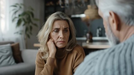 Couple engages in serious conversation about relationship issues at home during an evening