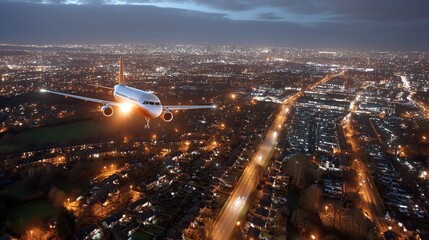 Night view from bird's eye on city, illuminated by shimmering lights, with passenger plane flying overhead, creating captivating combination of urban landscape and aviation