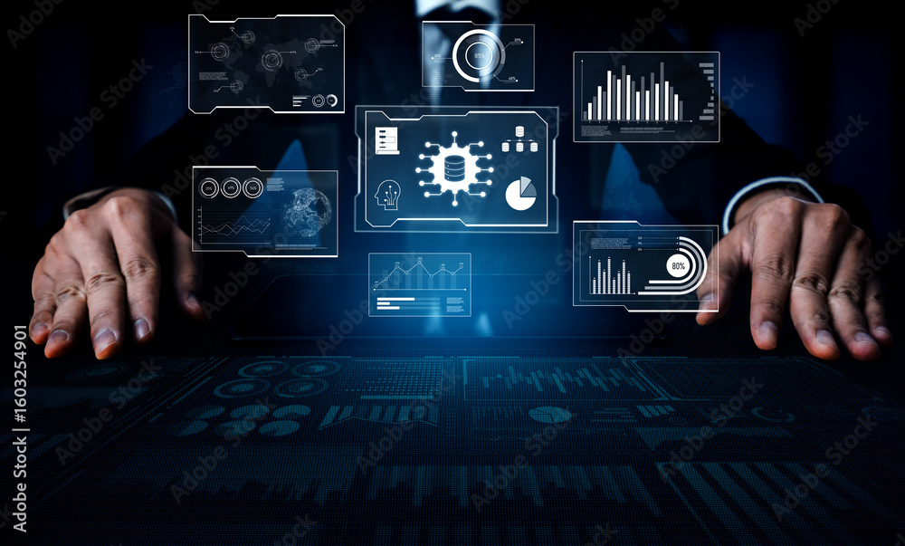 Poster big data visualization dashboard showing analytics, insights, and performance. data supports decisio