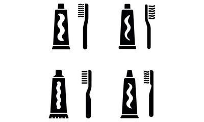 toothbrush and toothpaste icons dental hygiene care symbols in simple black silhouette
