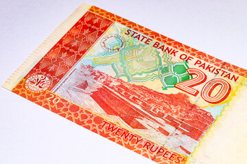 20 Rupees Pakistan Banknote with Feathering Mohenjo-daro, Larkana Sindh image. Paper money of Pakistan.