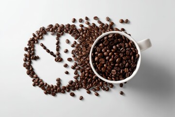 Naklejka premium White coffee mug on white backdrop with coffee beans arranged like a clock