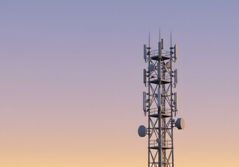 Cellular Tower Against a Sunset Sky Telecommunications Infrastructure, Antenna Mast, Signal Transmission, Wireless Communication.