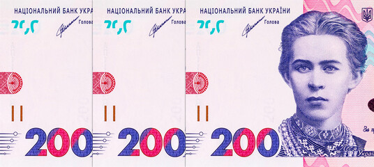 Ukrainian banknote 200 hryvnia with a portrait of Lesya Ukrainka. Paper money of Ukraine.