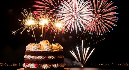 Delicious chocolate cake with sparklers and fireworks display at night celebration