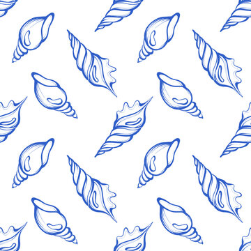 Seashell seamless pattern, outline sea shells, sea digital paper 