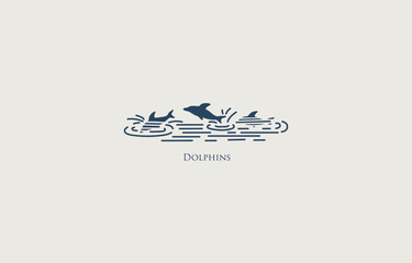 Two dolphins leaping from water, minimalist blue line drawing design. Vector minimalistic illustration, line sketch, ink or ballpoint pen drawing