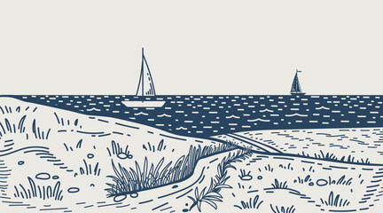 Coastal landscape with sailboats, sandy dunes, and calm sea. Vector line art. Seascape sketch