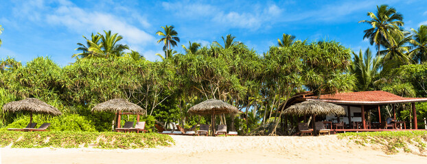 Panoramic view of tropical beach resort with straw umbrellas and lush palm trees against clear blue sky, horizontal web banner for travel and summer vacation themes.