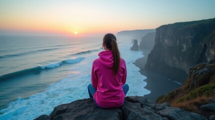 Woman seen from behind wearing a pink hoodie, sitting on a cliff edge, looking at the ocean waves and sunset over rocky coastline