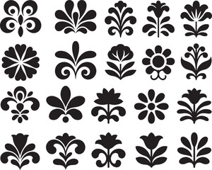Collection of black and white floral ornamental designs and abstract flower elements icons
