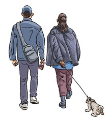 Couple casual young townspeople walking with dog outdoors, back view, realistic hand drawn vector illustration