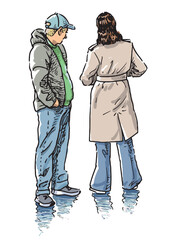 Couple of casual city dwellers standing on street, talking, quarreling, wet weather, realistic vector hand drawn illustration