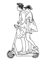Couple young people riding on one scooter summer day, side view, realistic vector sketch on white background