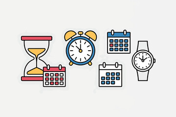 Time Management Tools Including Sand Timer Clock Calendar and Wristwatch for Productivity and Efficiency Concepts