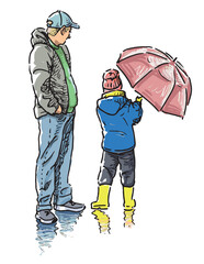 Father with little son walking outdoors, wet weather, realistic vector hand drawn illustration