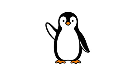 Cute cartoon penguin character waving a friendly hello. Adorable and simple arctic bird mascot illustration isolated on a white background.