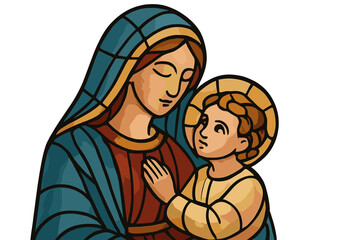 Vector illustration of Merry Christmas card template featuring the Holy Family, baby Jesus in a manger, Christmas bells, and spruce branches, suitable for laser cutting and plotter, sticker plotter