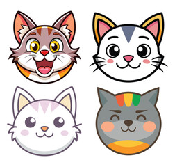 A set of funny cartoon cat characters with cute faces and expressive designs, perfect for pet-themed illustration and art