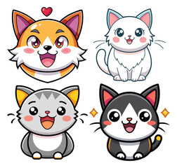 A set of funny cartoon cat characters with cute faces and expressive designs, perfect for pet-themed illustration and art