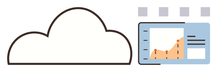 Cloud icon and analytics dashboard with line chart and interface elements. Ideal for big data, analysis, cloud computing, infographics, business strategy, digital tools, and flat metaphor