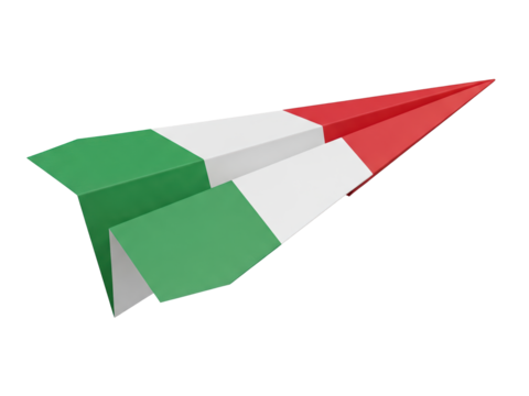 Italian flag paper airplane, green, white, red stripes distorted by folds. Realistic texture, studio-lit, transparent background.
