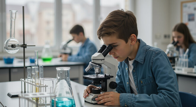 Young students engage in a captivating science lesson exploring the microscopic world using advanced laboratory equipment during a school day
