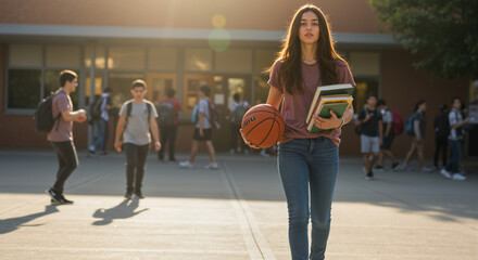 Young Student Carries Books and Basketball on Her Way to School Embracing the New Academic Year