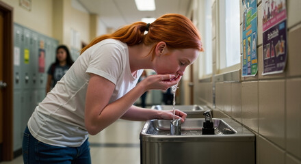 Young student with red hair drinks water from a school hallway drinking fountain during a school day
