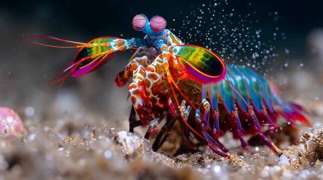 Extreme macro of a peacock mantis shrimp mid-strike, showcasing its vibrant colors and powerful appendages. Perfect for marine biology visuals, animal documentaries, and high-impact nature content.
