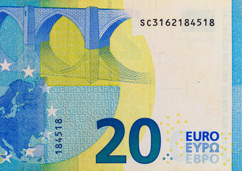 20 euro banknote of the European Union. Paper money of Europe