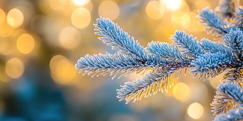 Snowy fir branch close-up against soft bokeh golden Christmas lights creating festive magical winter atmosphere