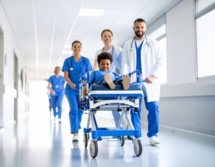 A motion blurred photograph of a child patient on stretcher or gurney being pushed at speed through a hospital corridor by doctors & nurses to an emergency room.