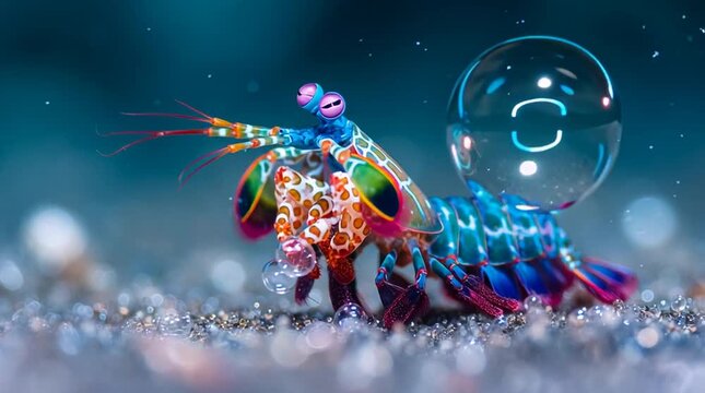 Extreme macro of a peacock mantis shrimp mid-strike, showcasing its vibrant colors and powerful appendages. Perfect for marine biology visuals, animal documentaries, and high-impact nature content.
