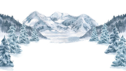 Alpine snow covered spruce and misty mountain peaks in delicate watercolor isolated on white. Winter monochrome landscape scene hand drawn banner with copy space for sports posters, packaging.