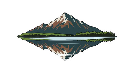 Symmetrical mountain reflection logo design. Wilderness and adventure concept for outdoor brand identity, isolated vector graphic emblem.