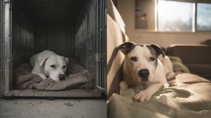 Before and after adoption, shelter dog and new home comfort