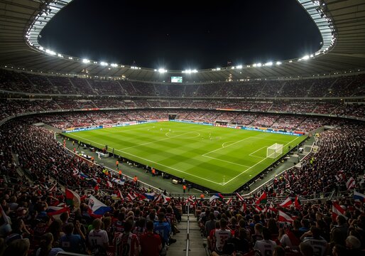 Stadium Football Match Night Crowds, Lights, Soccer Field, Architecture, Sports Game Event, Audience, Soccer Fans, Team Players