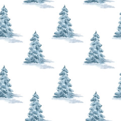 Winter pine hand drawn pale colors seamless pattern. Misty watercolor conifers snowy trees isolated on white. Spruce covered snow on repeated background. Seasonal woodland scene for prints, textile.