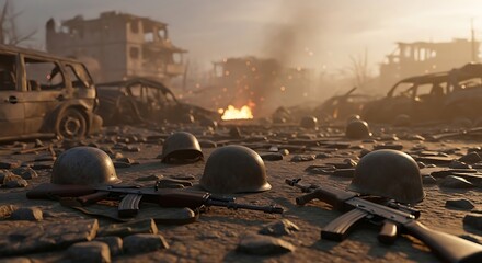 Soldiers in helmets and rifles ready for battle amidst destroyed city buildings and smoke