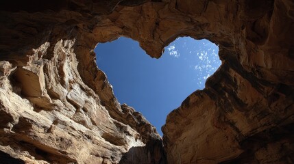 Heart-shaped opening in rock formation reveals a vibrant blue sky.