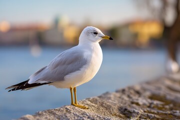 Obraz premium White gull gliding on sunlit river blurred backdrop
