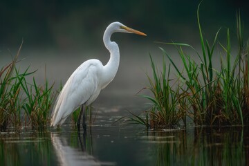 Naklejka premium White heron wades in water hunting