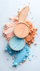 Artistic arrangement of pastel makeup powders in circular containers on a white background creating an aesthetic and visually appealing composition