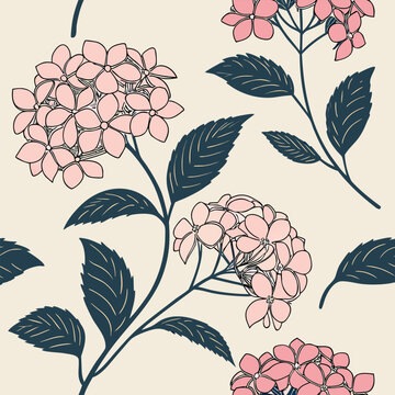 Elegant hydrangea floral pattern seamless design featuring pink flowers and dark navy leaves on a soft creamy background
